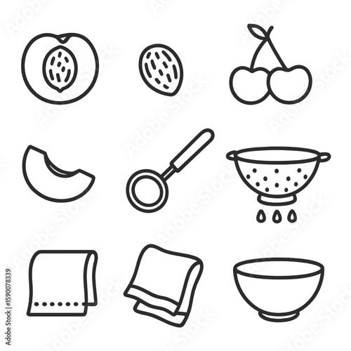 Stone Fruit Icons. Line style icons of Stone Fruit Handling: peach half, apricot pit, cherry pair, plum slice, nectarine wedge,