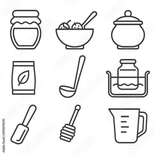 Jam & Jelly Tools. Line style icons of Jam & Jelly Making: jam jar, fruit mash bowl, sugar pot, pectin packet, ladle, sterilizing