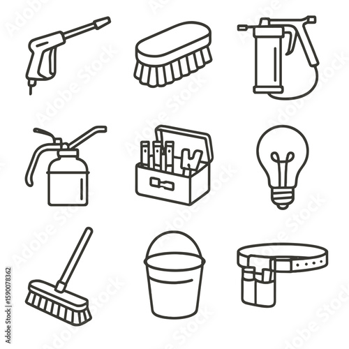 Station Maintenance Icons. Line style icons of Station Maintenance Equipment: pressure washer gun, cleaning brush, grease gun,