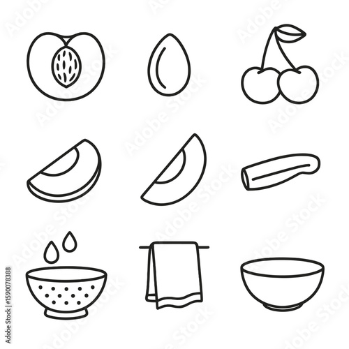 Stone Fruit Icons. Line style icons of Stone Fruit Handling: peach half, apricot pit, cherry pair, plum slice, nectarine wedge,
