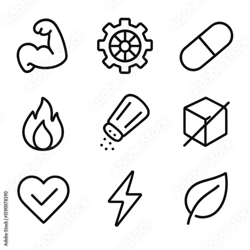 Frozen Pea Nutrition Icons. Line style icons of Frozen Pea Nutrition Labels: protein icon, fiber wheel, vitamin capsule, calorie