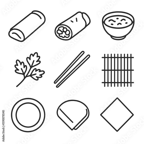 Spring Rolls Line Art. Line style icons of Spring Rolls Platter: spring roll, cut roll half, sweet chili sauce bowl, lettuce leaf,
