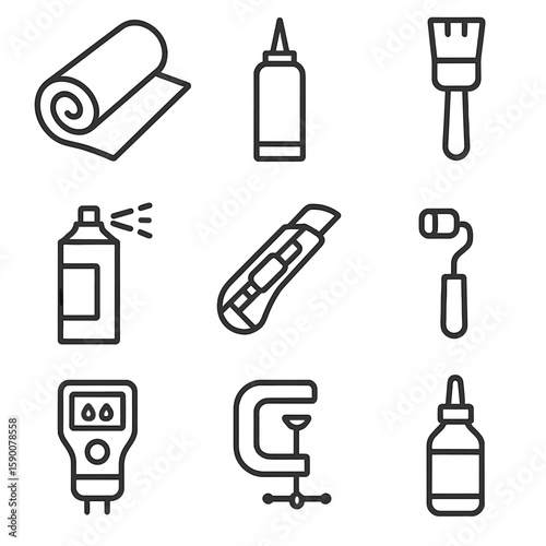 Vapor Barrier Icons. Line style icons of Vapor Barrier Solutions: barrier roll, seam adhesive, primer brush, contact spray,