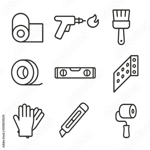 DPC Installation Icons. Line style icons of Damp Proof Course Installation: DPC roll, heat torch, primer brush, overlap tape,