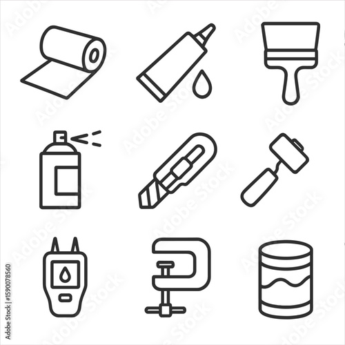 Vapor Barrier Icons. Line style icons of Vapor Barrier Solutions: barrier roll, seam adhesive, primer brush, contact spray,