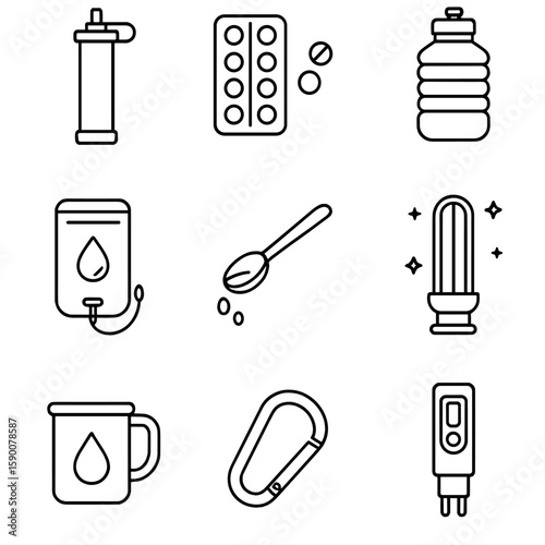 Water Safety Icons. Line style icons of Water Safety & Purification: water filter straw, purification tablets, collapsible water