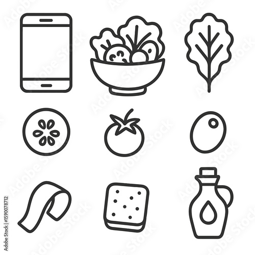 Salad Selfie Icons. Line style icons of Salad Selfie: smartphone, bowl of salad, lettuce leaf, cucumber slice, cherry tomato,