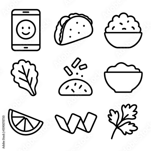 Taco Selfie Icons. Line style icons of Taco Tuesday Selfie: smartphone, taco shell, ground meat, lettuce leaf, cheese sprinkle,