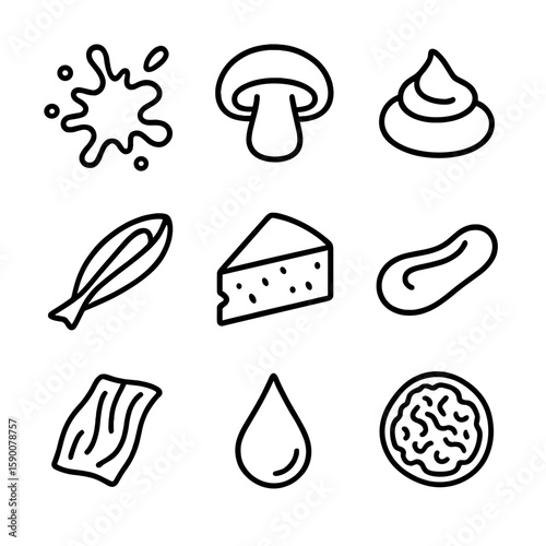 Umami Flavor Icons. Line style icons of Umami Savory Flavors: soy sauce splash, mushroom cap, miso paste dollop, parmesan wedge,