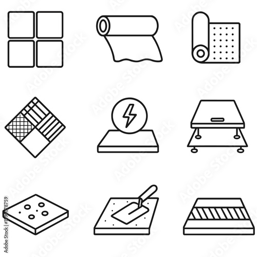 Commercial Flooring Icons. Line style icons of Commercial Flooring Systems: vinyl composition tile, rubber sheet, linoleum roll,
