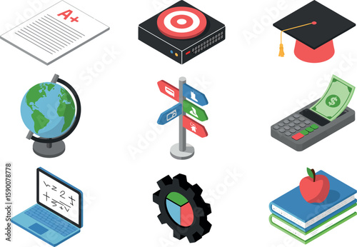 Isometric education and career icons including graduation cap, globe, and financial calculator


