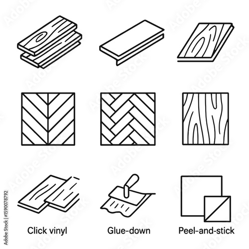 Vinyl Flooring Icons. Line style icons of Vinyl Plank Flooring: luxury vinyl plank, rigid core plank, SPC plank, LVP chevron, LVP