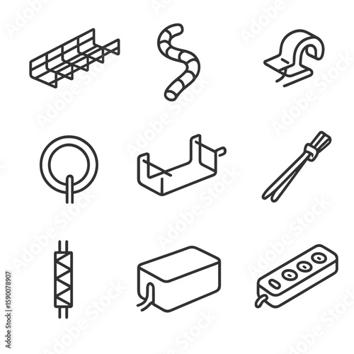 Cable Management Icons. Outline style icons of Cable Management Systems: cable tray, spiral wrap, cable clip, grommet ring,