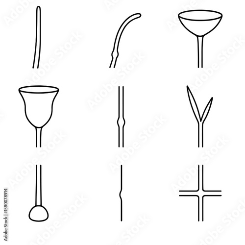 Flower Anatomy Icons. Outline style icons of Peduncle & Receptacle Parts: peduncle stem, pedicel stalk, receptacle platform,
