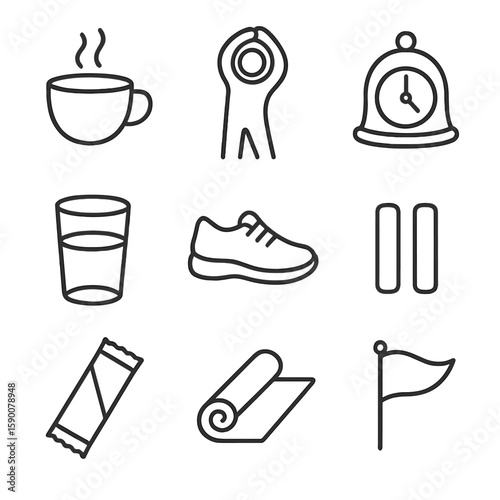 Break-Time Reminder Icons. Outline style icons of break-time reminders: coffee cup, stretch icon, timer bell, water glass, walking