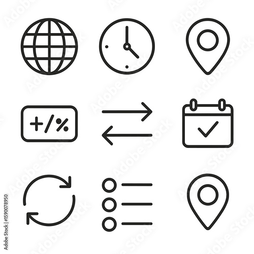 Time-Zone Coordination Icons. Outline style icons of time-zone coordination: globe icon, clock face, map pin, timezone offset sign
