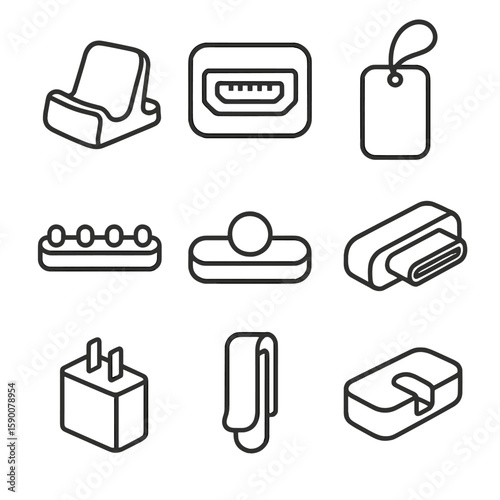 Smart Device Docking Icons. Outline style icons of Cable Management Systems: cable tray, spiral wrap, cable clip, grommet ring,