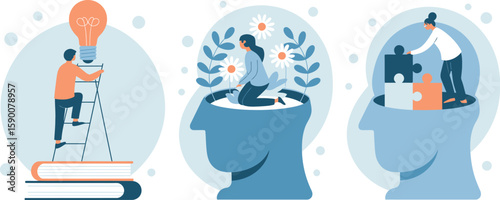 Illustration showing mental health concepts with tangled thoughts, flowers, and puzzle pieces


