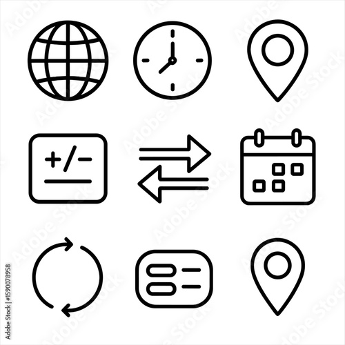 Time-Zone Coordination Icons. Outline style icons of time-zone coordination: globe icon, clock face, map pin, timezone offset sign