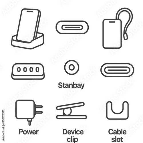 Smart Device Docking Icons. Outline style icons of Cable Management Systems: cable tray, spiral wrap, cable clip, grommet ring,