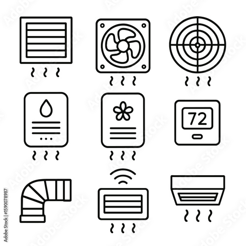 Fitting Room Ventilation Icons. Outline style icons of Fitting Room Ventilation: vent grille, exhaust fan, air diffuser,