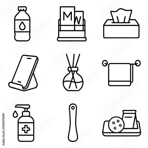 Fitting Room Essentials. Outline style icons of Fitting Room Comfort Items: bottled water, magazine stand, tissue box, phone