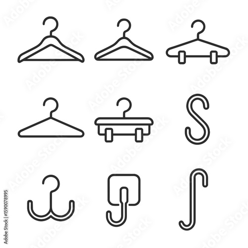Outline Hanger Icons. Outline style icons of Fitting Room Hangers & Hooks: wooden hanger, velvet hanger, clip hanger, pant hanger,