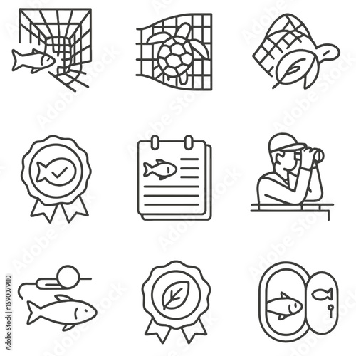 Sustainable Fishing Icons. Outline style icons of Sustainable Fishing Features: bycatch reduction device, turtle excluder,
