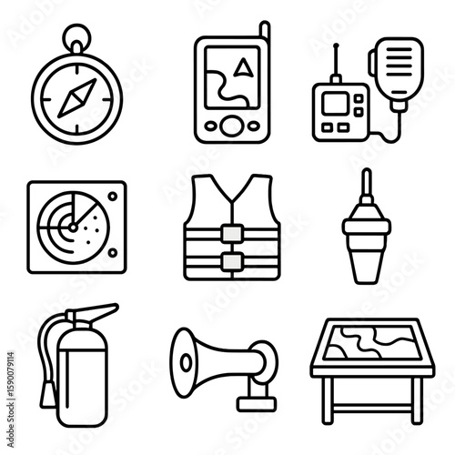 Navigation Safety Icons. Outline style icons of Navigation & Safety Equipment: compass, GPS unit, VHF radio, radar screen, life