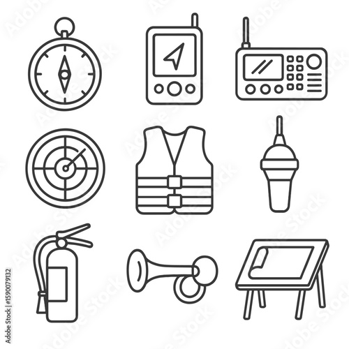 Navigation Safety Icons. Outline style icons of Navigation & Safety Equipment: compass, GPS unit, VHF radio, radar screen, life