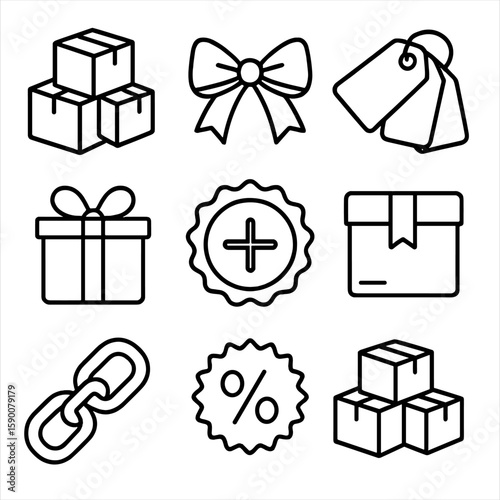Bundling Offer Icons. Outline style icons of Bundling Offer: stack of boxes, ribbon tie, price tag group, gift bundle, combo badge