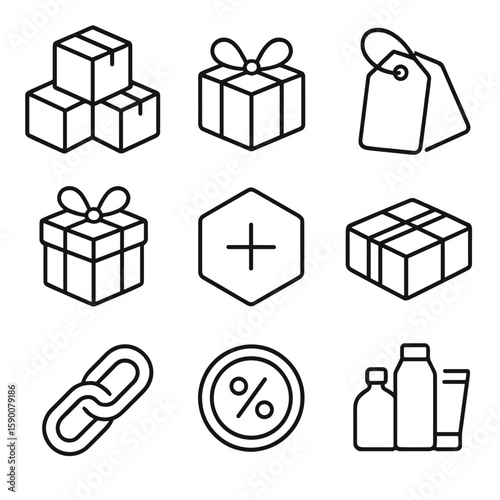 Bundling Offer Icons. Outline style icons of Bundling Offer: stack of boxes, ribbon tie, price tag group, gift bundle, combo badge