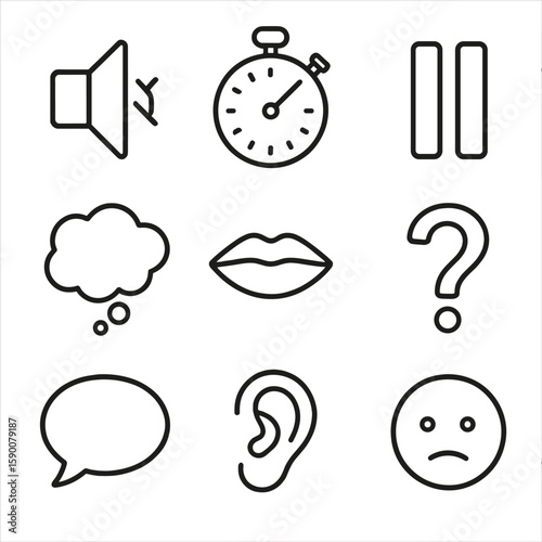 Silence Strategy Icons. Outline style icons of Silence Strategy: muted speaker, stopwatch, pause symbol, thought cloud, closed