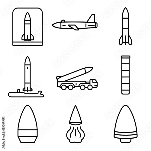 Ballistic Missile Icons. Outline style icons of Ballistic Missiles: ICBM silo, cruise missile, short-range missile,