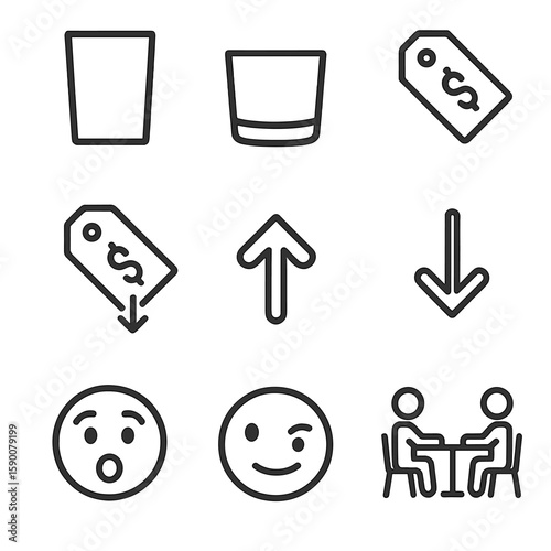 Negotiation Icons Set. Outline style icons of Highball/Lowball Offers: highball glass, lowball glass, price tag high, price tag