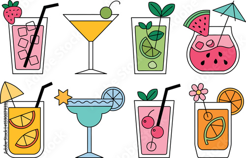 Illustration of eight colorful cocktails with various fruits and decorations on a white background


