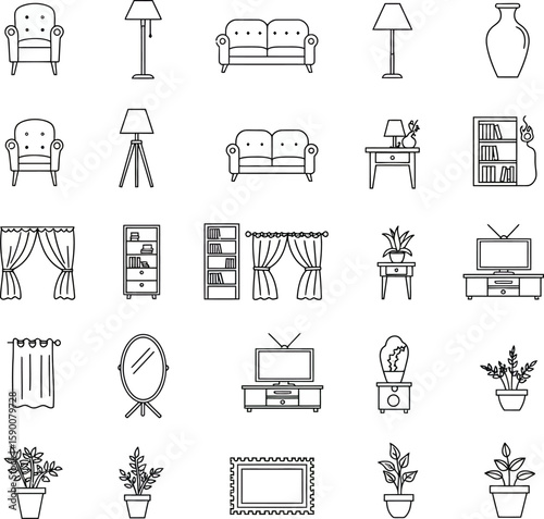 Vector art of interior design icons in outline