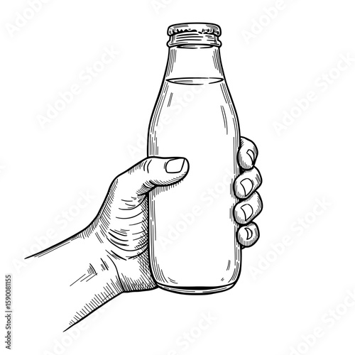 Glass bottle of milk in hand POV – vintage ink sketch hand-drawn black and white vector illustration