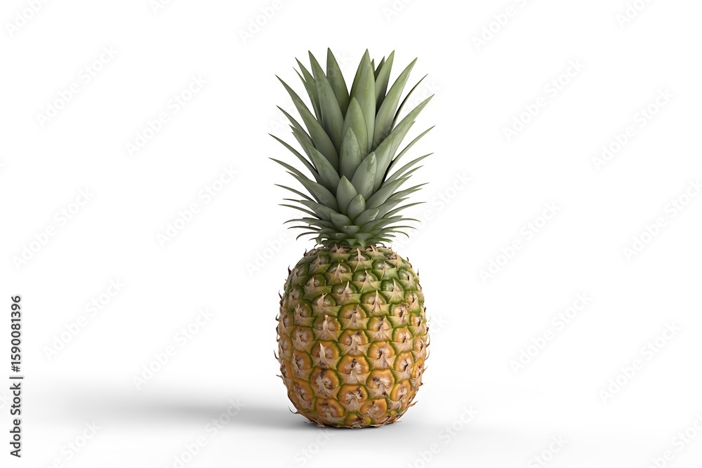 Fototapeta premium A whole ripe pineapple with spiky green leaves stands against a white background