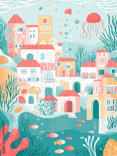 Clean undersea scene with fantasy coral towers and swimming fish, ideal for printable kids’ posters or ocean-themed seasonal wall decor