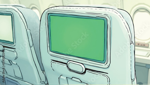 Airplane interior showcases seats with entertainment screens ready for content, suitable for travel or transportation themes.