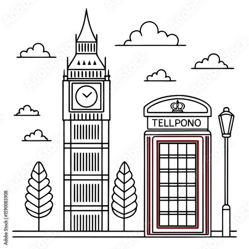 Big Ben and red telephone box line art london iconic