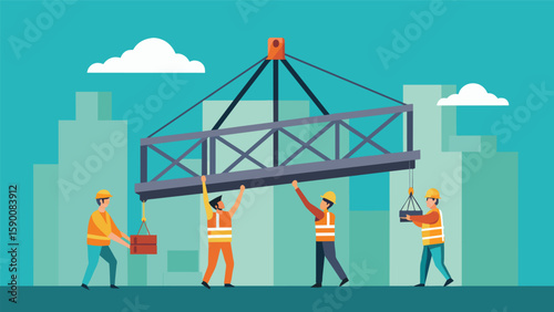 A team of construction workers carefully guide a massive steel truss towards the top of the building relying on the crane to bear the weight and make. Vector illustration