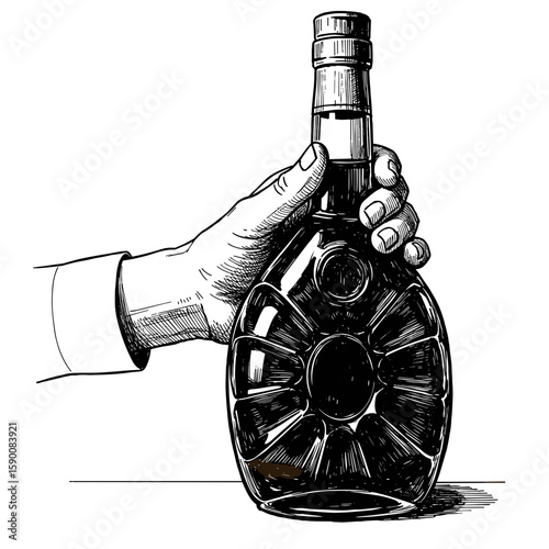 Cognac bottle in hand – vintage ink sketch hand-drawn black and white vector illustration
