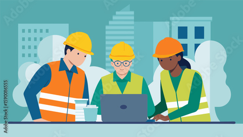 A group of construction workers gathered around a table discussing the AR projections of a buildings future design.. Vector illustration