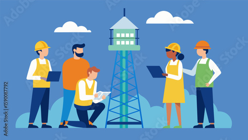 A group of workers gathered around a light tower studying blueprints and discussing plans for the next phase of construction.. Vector illustration