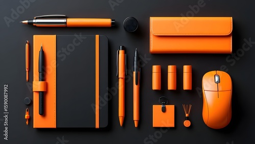 Orange and black stationery set office supplies notebook pen mouse business branding kit