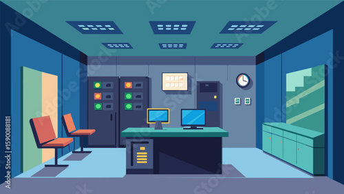 A quiet room in the building being used as a temporary control center where technicians are programming and testing the HVAC system before it is. Vector illustration