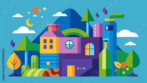A vibrant exterior made from recycled plastic and other sustainable materials demonstrating the potential of repurposing waste in construction.. Vector illustration