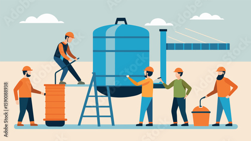 A team is working on installing a temporary water system including a central tank and distribution system to provide clean drinking water for workers.. Vector illustration